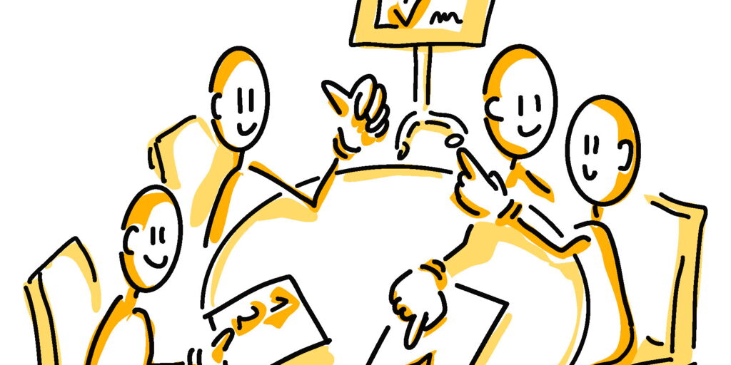 Zeichnung von vier Menschen bei gutem Meeting um runden Tisch mit systemischem Konsensieren