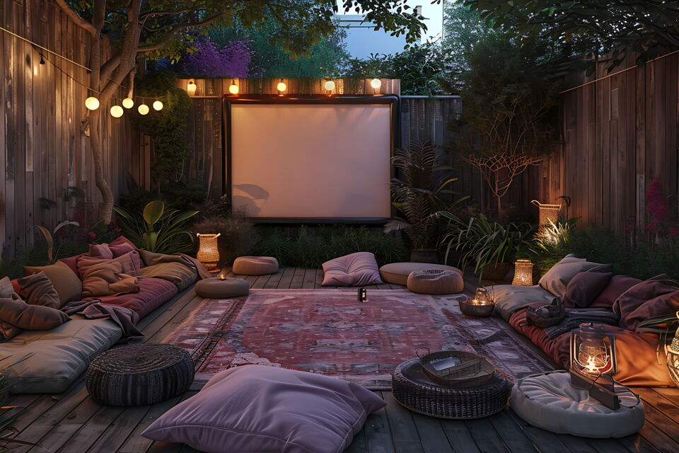 Gemütliches Sommerkino im Garten bei Dämmerung – mit bequemen Kissen und stimmungsvoller Beleuchtung.