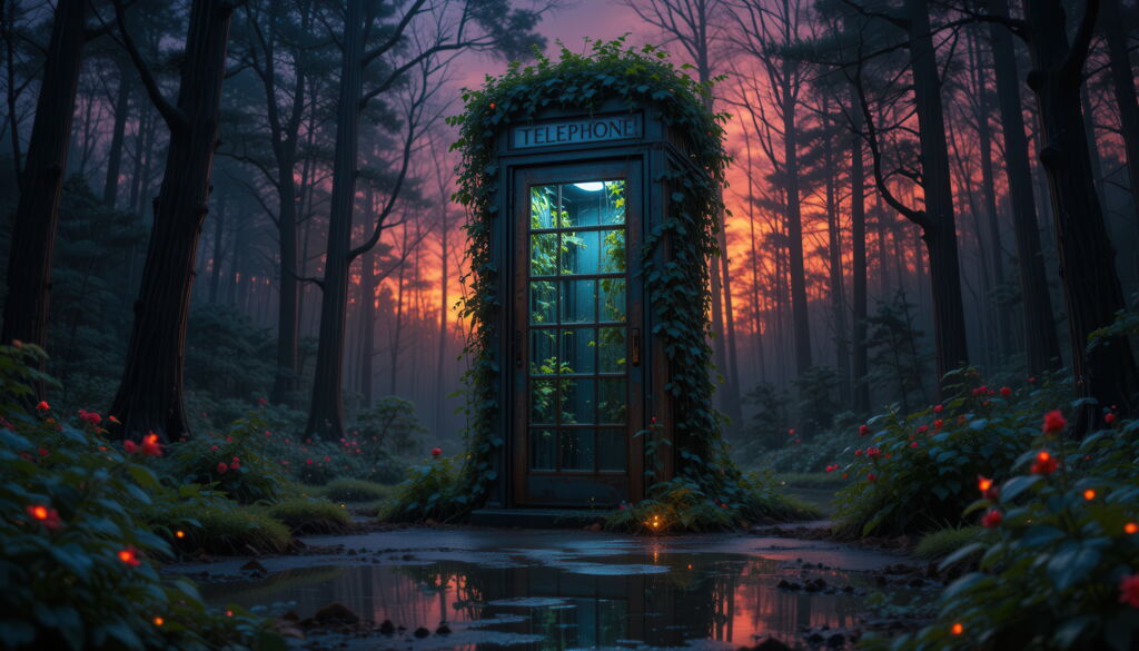 Erleuchtete Telefonzelle, überwuchert von Ranken, in dämmrigen Wald.