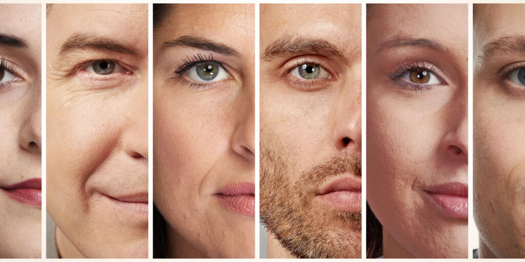 Collage aus mehreren Gesichtern mit ruhigem Blick, jeweils rechte Gesichtshälfte, diverse  Haut- und Augenfarben und Geschlecht