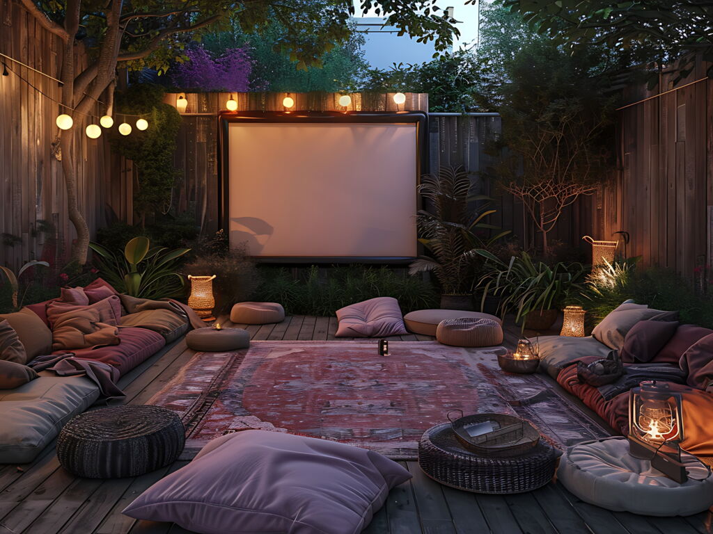 Gemütliches Sommerkino im Garten bei Dämmerung – mit bequemen Kissen und stimmungsvoller Beleuchtung.
