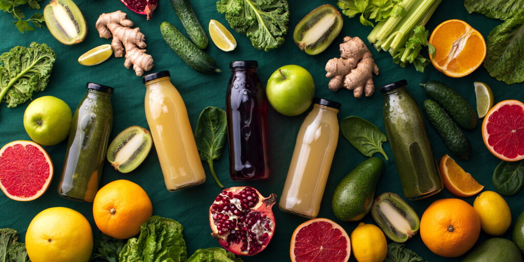 Zum Saftpressen geeignetes frisches Obst und Gemüse, mit 5 Flaschen gepresstem Saft auf dunklem Untergrund (Grapefruit, Apfel, Zitrone, Kiwi, Gurke, Salat, Stangensellerie,...)