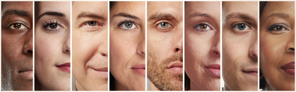 Collage aus mehreren Gesichtern mit ruhigem Blick, jeweils rechte Gesichtshälfte, diverse Haut- und Augenfarben und Geschlecht Collage aus mehreren Gesichtern mit ruhigem Blick, jeweils rechte Gesichtshälfte, diverse Haut- und Augenfarben und Geschlecht