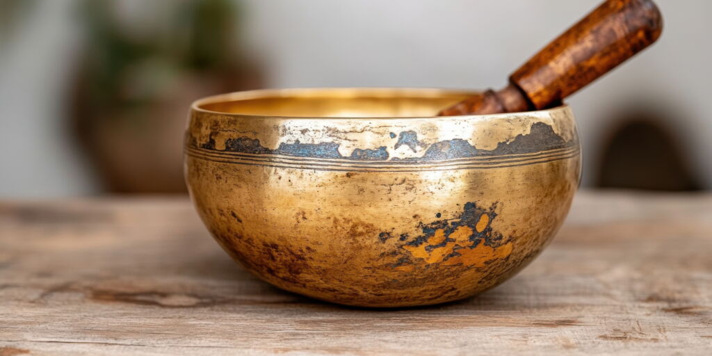 Goldene Klangschale mit Schlägel auf Holzoberfläche zur Meditation, Heilung, Musiktherapie und für Yoga
