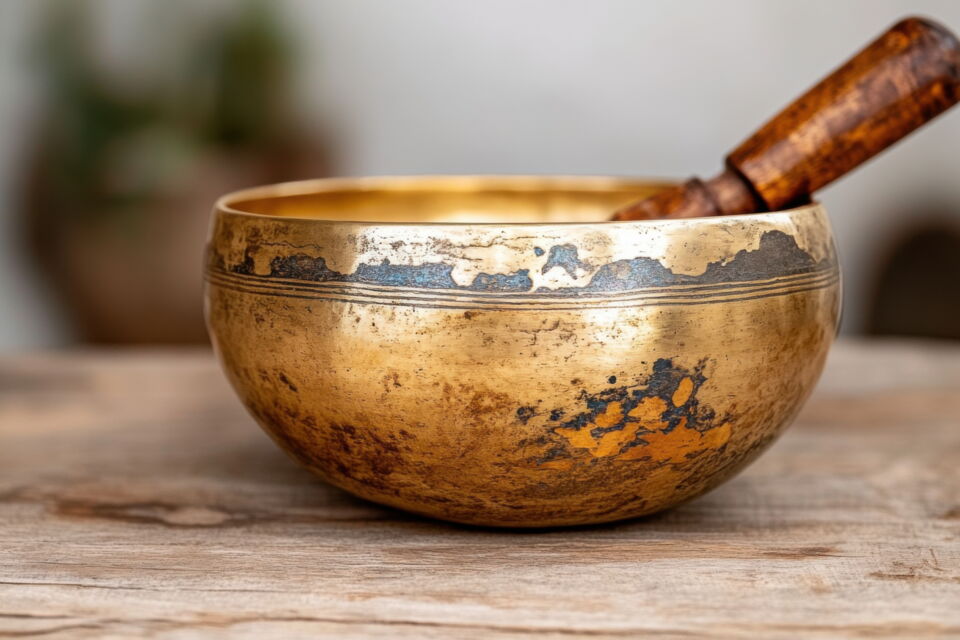 Goldene Klangschale mit Schlägel auf Holzoberfläche zur Meditation, Heilung, Musiktherapie und für Yoga