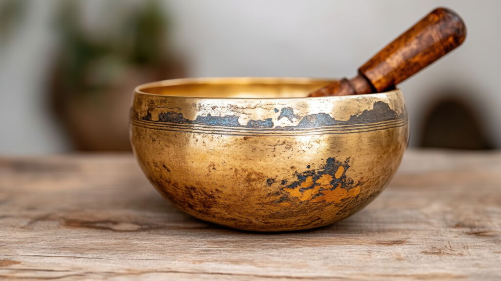 Goldene Klangschale mit Schlägel auf Holzoberfläche zur Meditation, Heilung, Musiktherapie und für Yoga