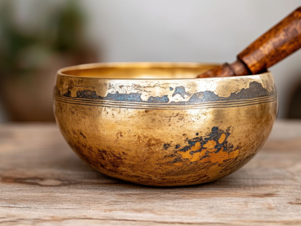 Goldene Klangschale mit Schlägel auf Holzoberfläche zur Meditation, Heilung, Musiktherapie und für Yoga