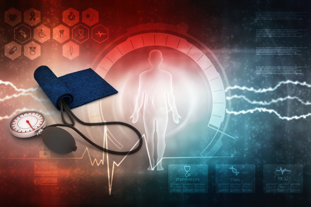 Blutdruck Messgerät 3D vor Grafikhintergrund mit Symbolen Sphygmomanometer Blutdruck Messgerät 3D vor Grafikhintergrund mit Symbolen Sphygmomanometer