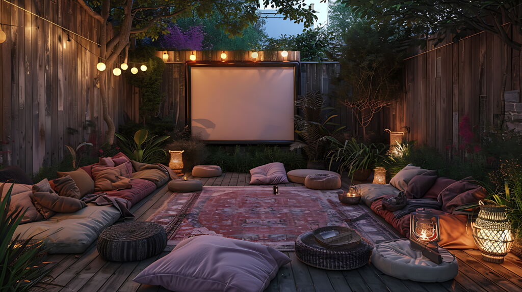 Gemütliches Sommerkino im Garten bei Dämmerung – mit bequemen Kissen und stimmungsvoller Beleuchtung.