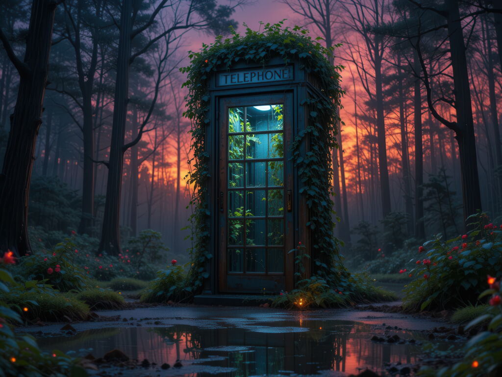 Erleuchtete Telefonzelle, überwuchert von Ranken, in dämmrigen Wald.