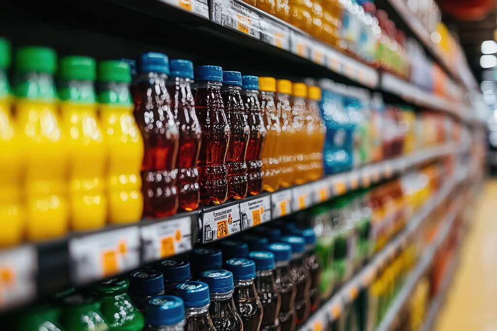 Supermarktregal mit süßen Getränken in unterschiedlichen Farben und Flaschen Tiefenschärfe nach hinten verlaufend