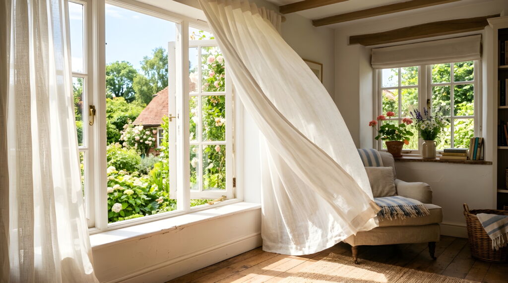 Offenes Fenster mit weißen, wehenden Vorhängen und Sonnenlicht an einem Sommermorgen