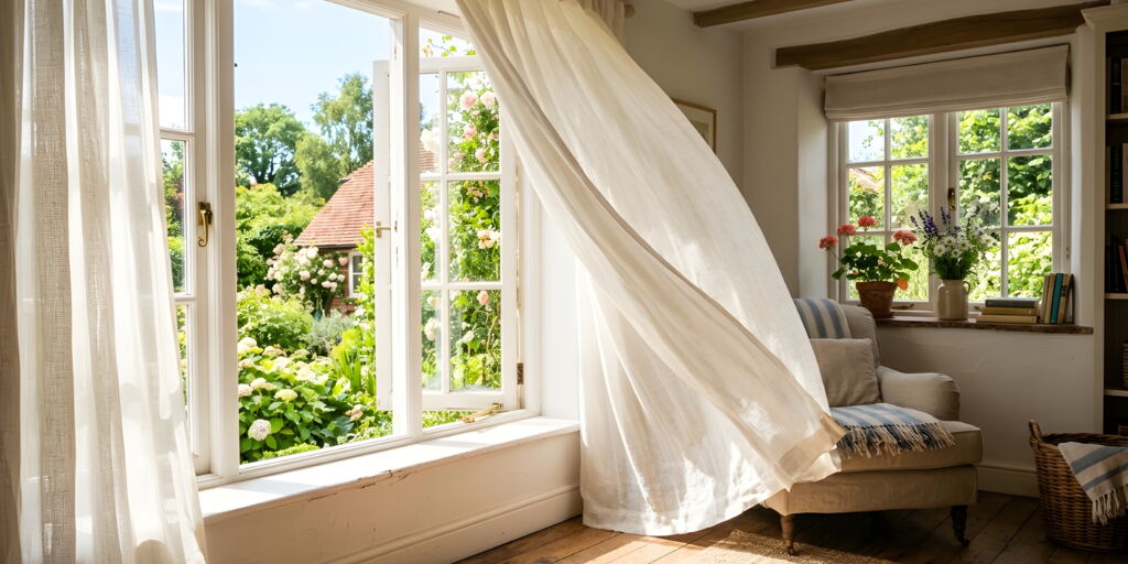 Offenes Fenster mit weißen, wehenden Vorhängen und Sonnenlicht an einem Sommermorgen