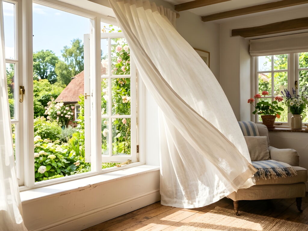 Offenes Fenster mit weißen, wehenden Vorhängen und Sonnenlicht an einem Sommermorgen