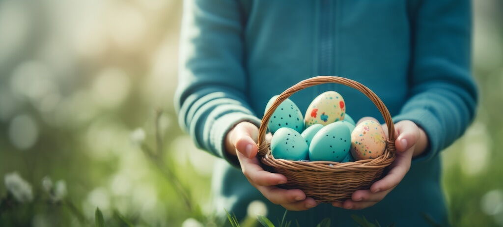 Kind hält Körbchen mit bunten Ostereiern im Garten vor unscharfem Hintergrund, Detailaufnahme